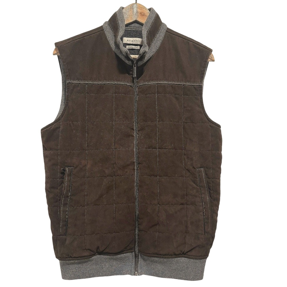 Bugatti Mixed Media Quilted Zip Vest Brown Gray Stand Collar Men's Size M
